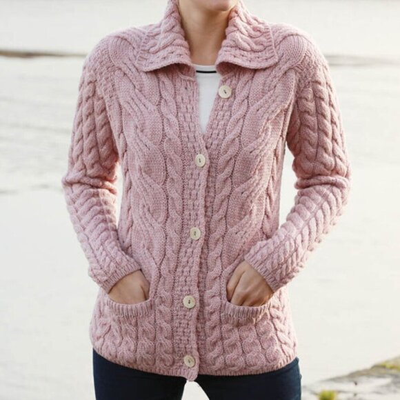 Aran Cardigan Sweater Pink Irish Cable Knit Chunky Ireland Wool Luxury Large - Picture 1 of 13